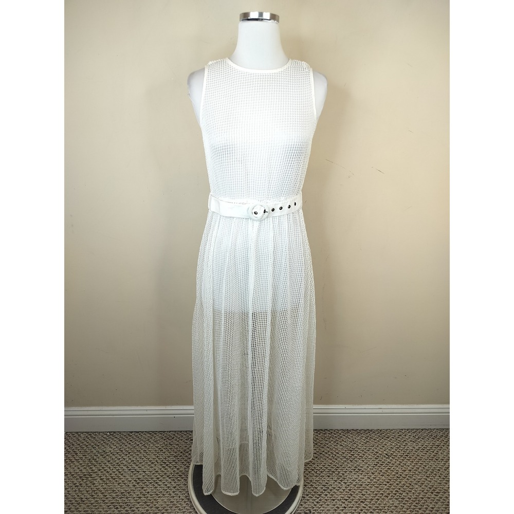 Venus White Open Mesh Knit Maxi Dress 2 Needs Lining Belted Sleeveless